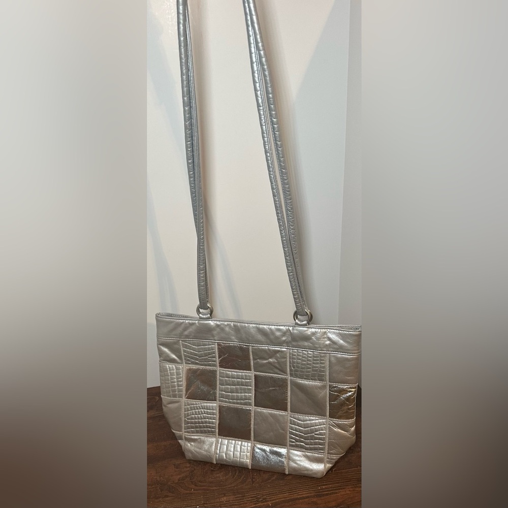 Silver Metallic Patchwork Leather Purse Two Handl… - image 1